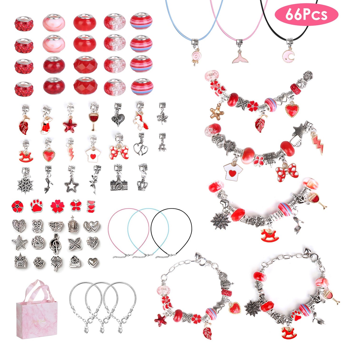 66Pcs Charm Bracelet Making Kit Kids\' Jewelry Necklace Making Kits Colorful DIY Charm Beads Pendant SetÊJewelry Decor Supplies with Gift Box for 5-12