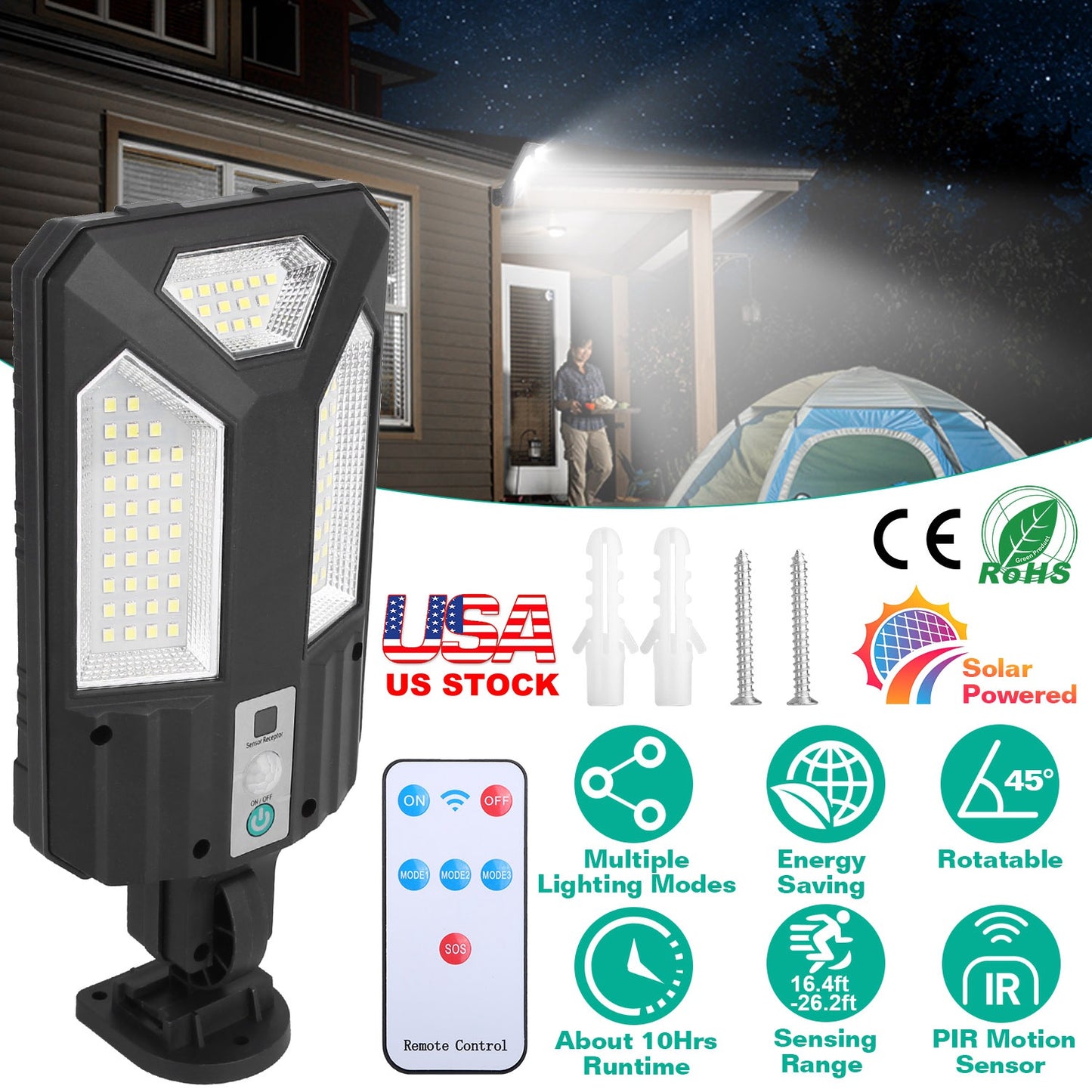 Solar Wall Light Outdoor 87 LED Beads PIR Motion Sensor Remote Control Wireless Lamps IP45 Waterproof Lighting for Garage Front Door Garden Pathway