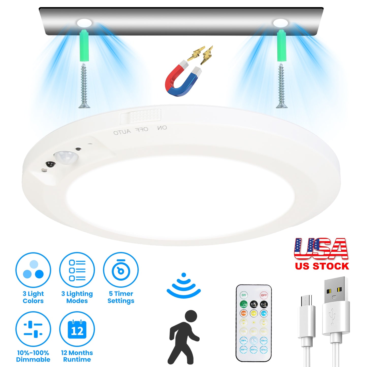 Magnetic Flush Ceiling Light Rechargeable Motion Sensor Ceiling Light Wireless Ceiling Light with Timer Remote Stepless Dimmable for Closet Stairs Gar