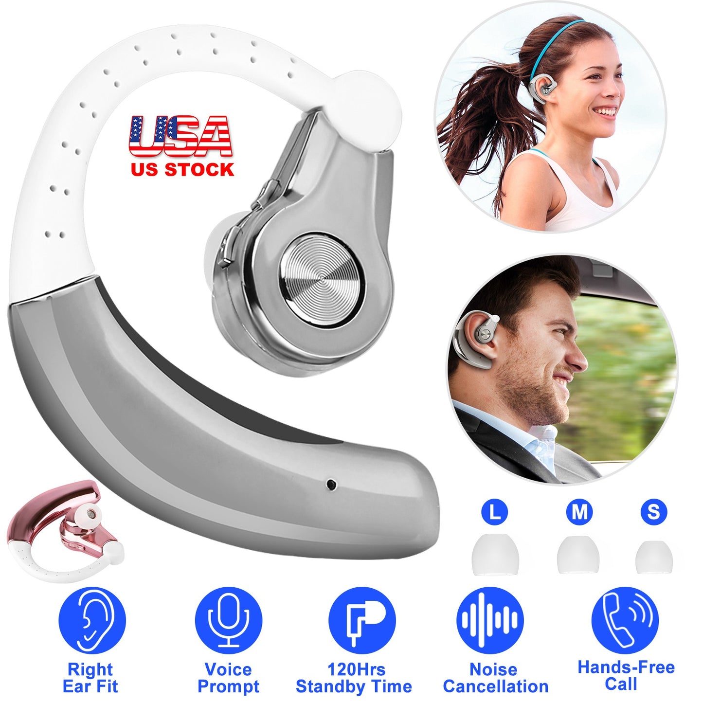 Wireless Earpiece Right In-Ear Wireless Earphone w/ Mic Earhook For Business Office Driving 120Hrs Playtime