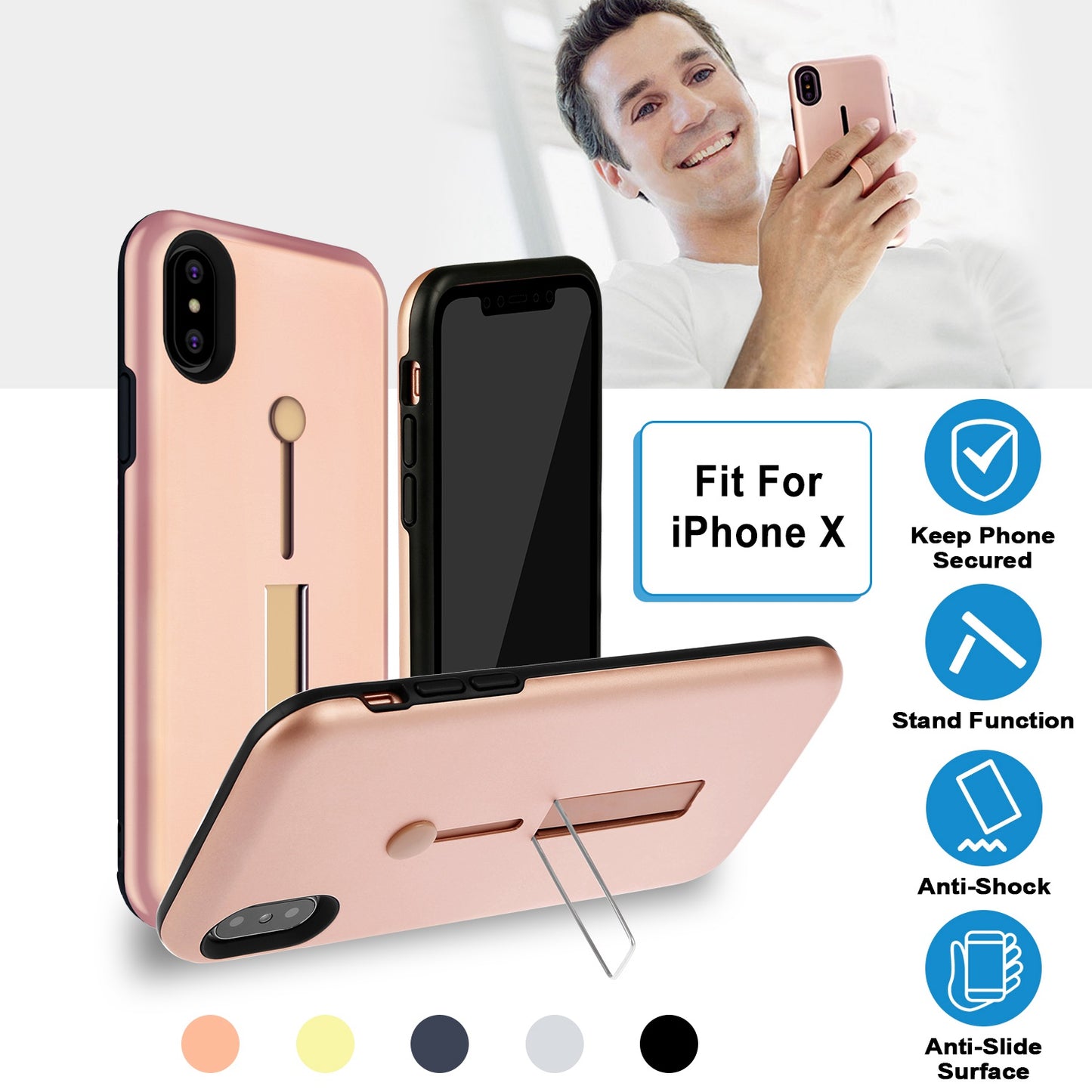 Finger Strap Phone Case for iPhone X Drop-protection Finger Ring Rugged Phone Case with Kickstand Dual Layer Case