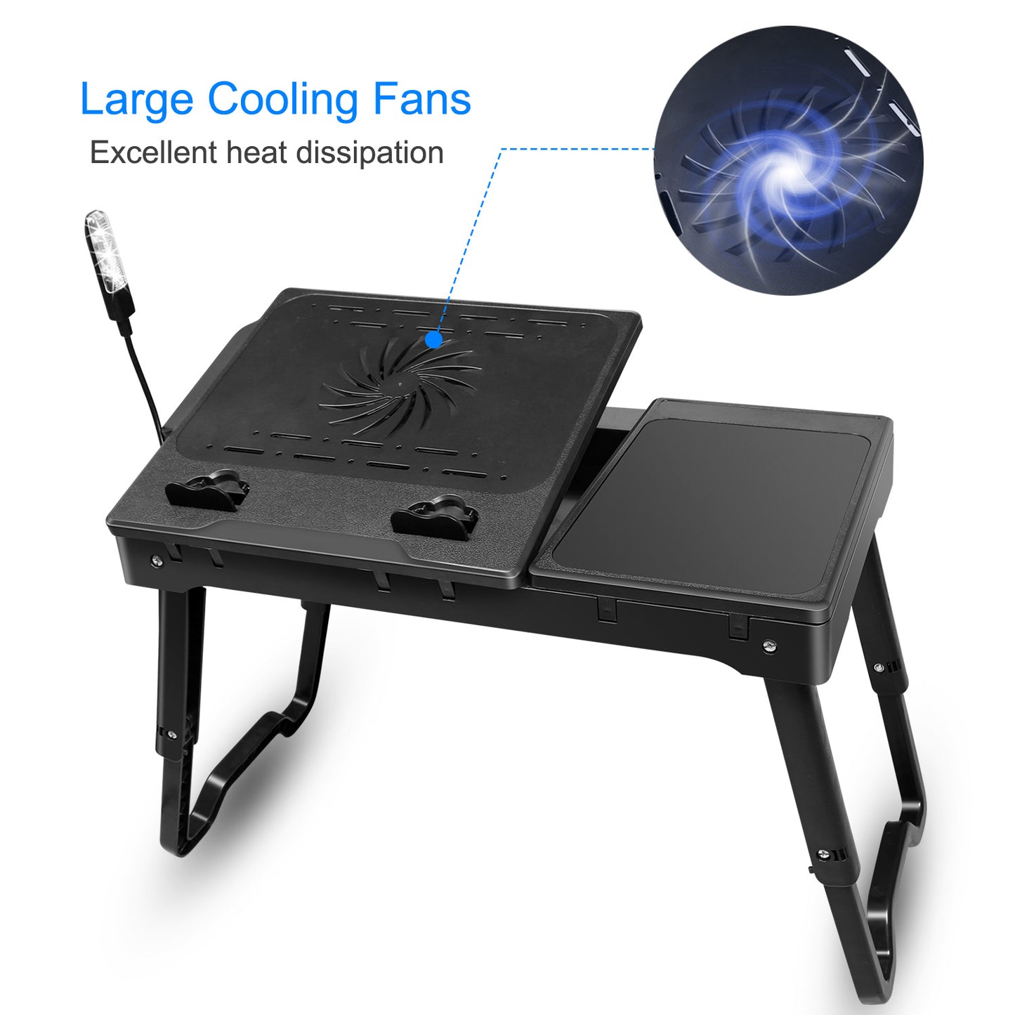 Foldable Laptop Table Bed Notebook Desk w/Cooling Fan Mouse Board LED light 4 x USB Ports Breakfast Snacking Tray with Storage Groove For Home Office