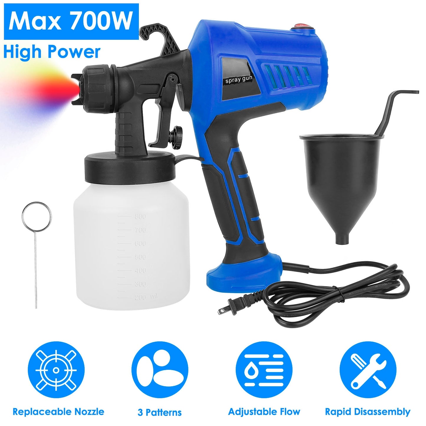 700W Electric Paint Sprayer Handheld HVLP Spray Painter Painting Spray Gun For Fences Brick Walls w/ 3 Spray Patterns 800ML Detachable Cup