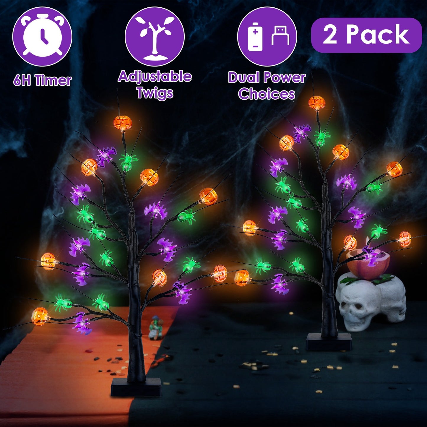 2Pack 1.97FT Lighted Halloween Trees Halloween Indoor Decorations Black Halloween Tree Lights with Timer Adjustable Twigs for Tabletop Party