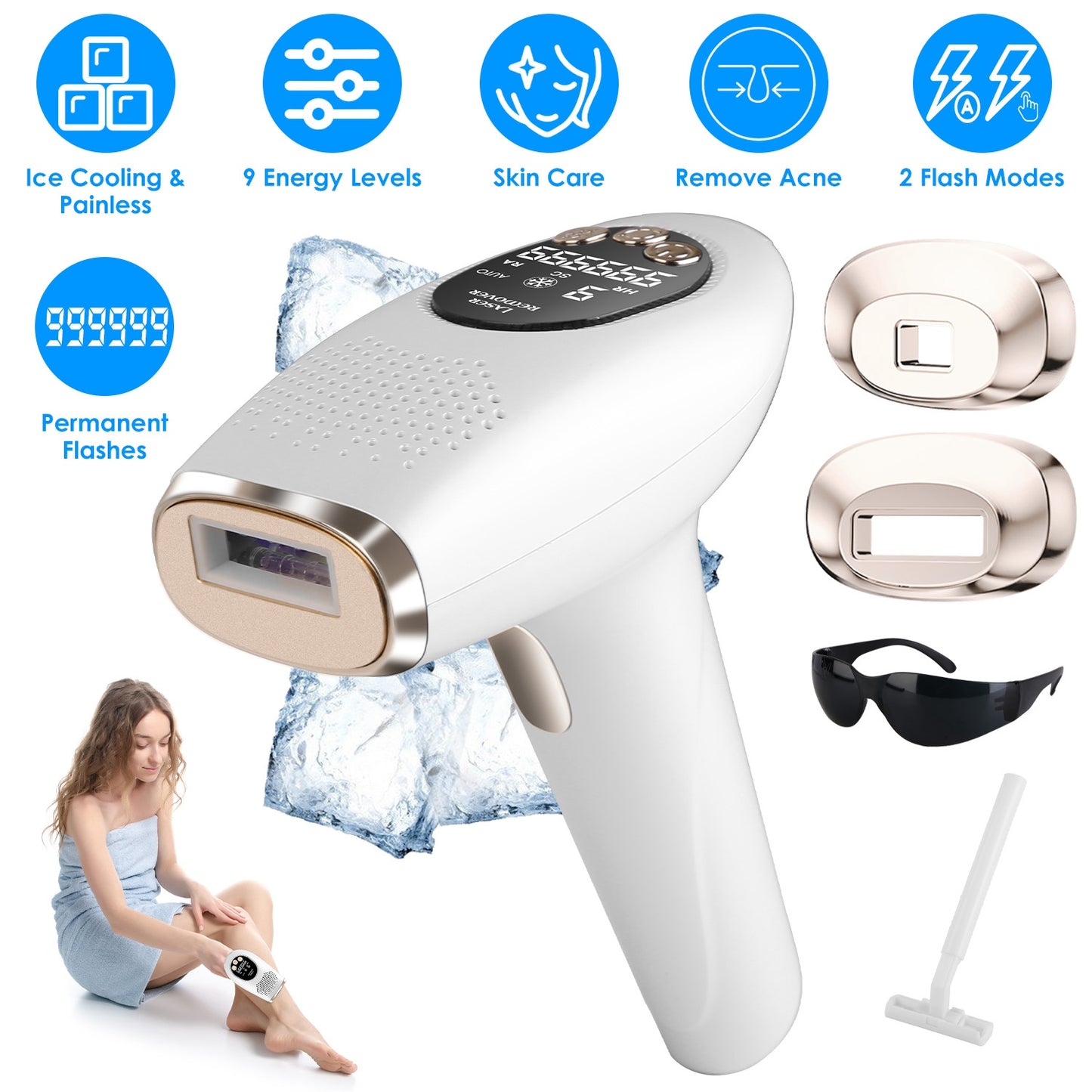 3 In 1 Ice Cooling Laser Hair Removal Painless Permanent At-Home IPL Hair Removal with 999,999 Flashes 9 Energy Levels 2 Flash Modes for Armpits Legs