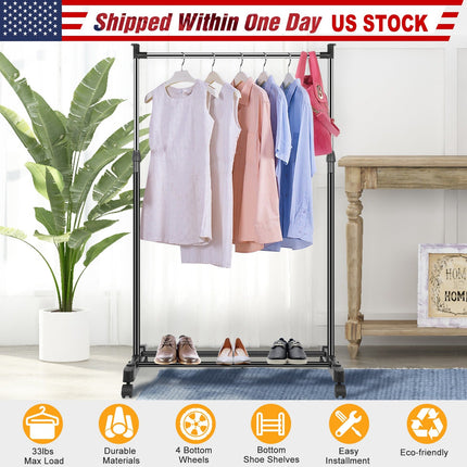 15kg/33lbs Garment Racks 3.12ft-4.80ft Height Adjustable Clothes Stand Foldable Clothes Hanger w/ Wheels Storage Shelf For Dormitory Home