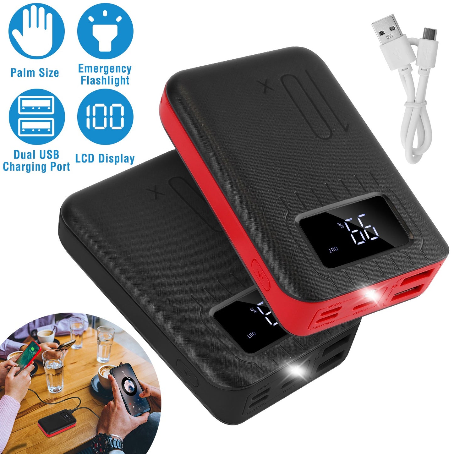 10000mAh Portable Power Bank External Battery Pack Charger Dual USB Charge Ports with LCD Display Flashlight Type C Micro USB Lightning Input Ports