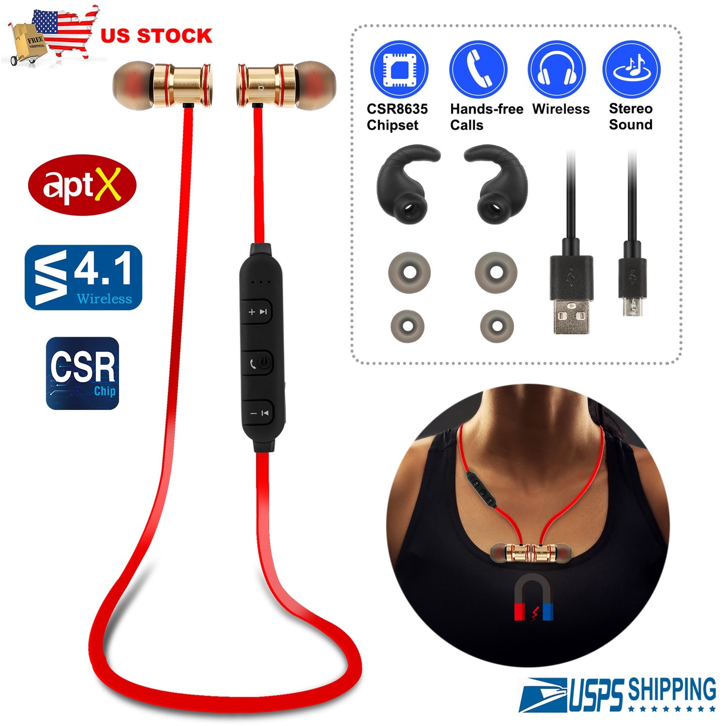 Sport Headsets Wireless V4.1 In-Ear Stereo Headphones Sweat-proof Running Earphones w/Mic Hands-free