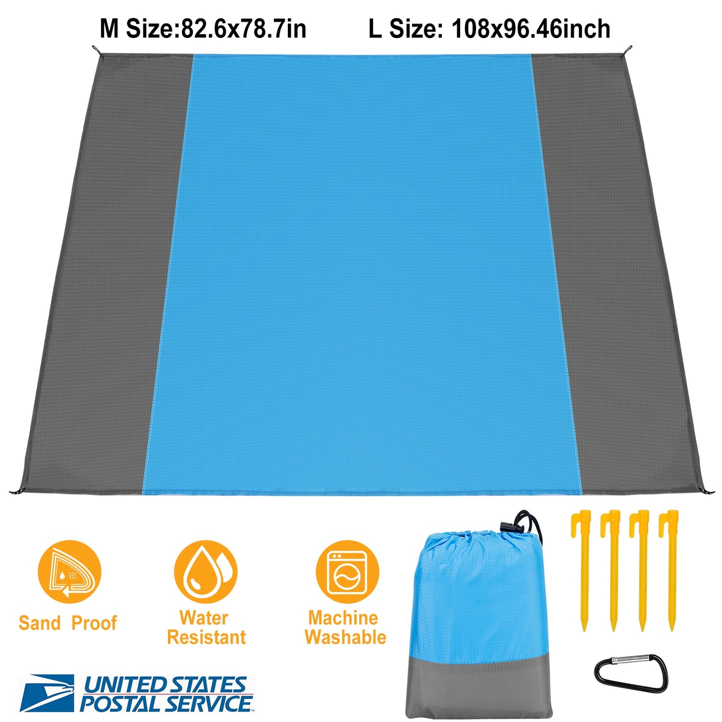 82.6x78.7in Sand Proof Picnic Blanket Water Resistant Foldable Camping Beach Mat w/ 4 Anchors 1 Carry Bag For 2-3 People
