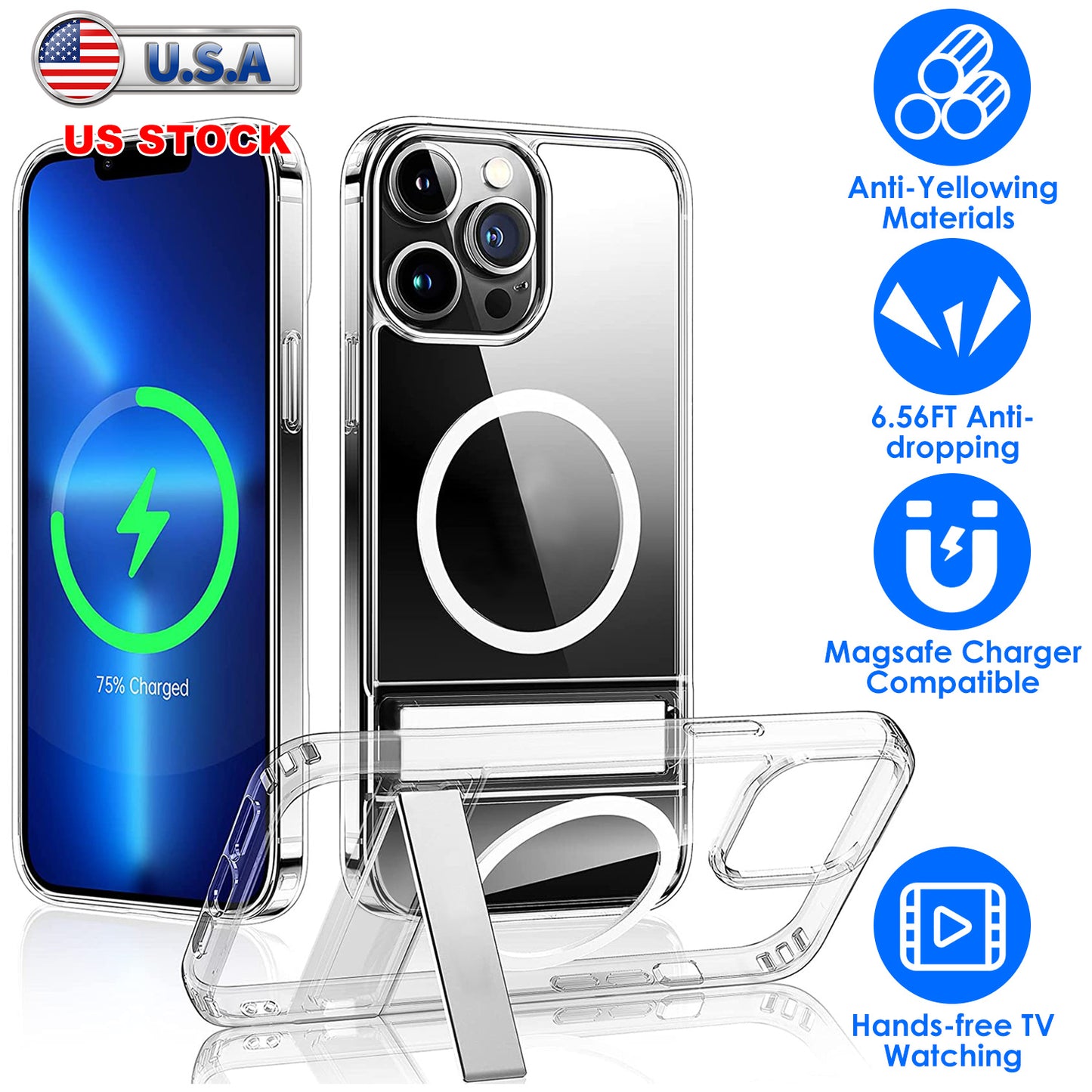 Magnetic Metal Kickstand Clear Case Shockproof Anti Yellowing Phone Cover Compatible with Magsafe Fit for IOS Phone 14