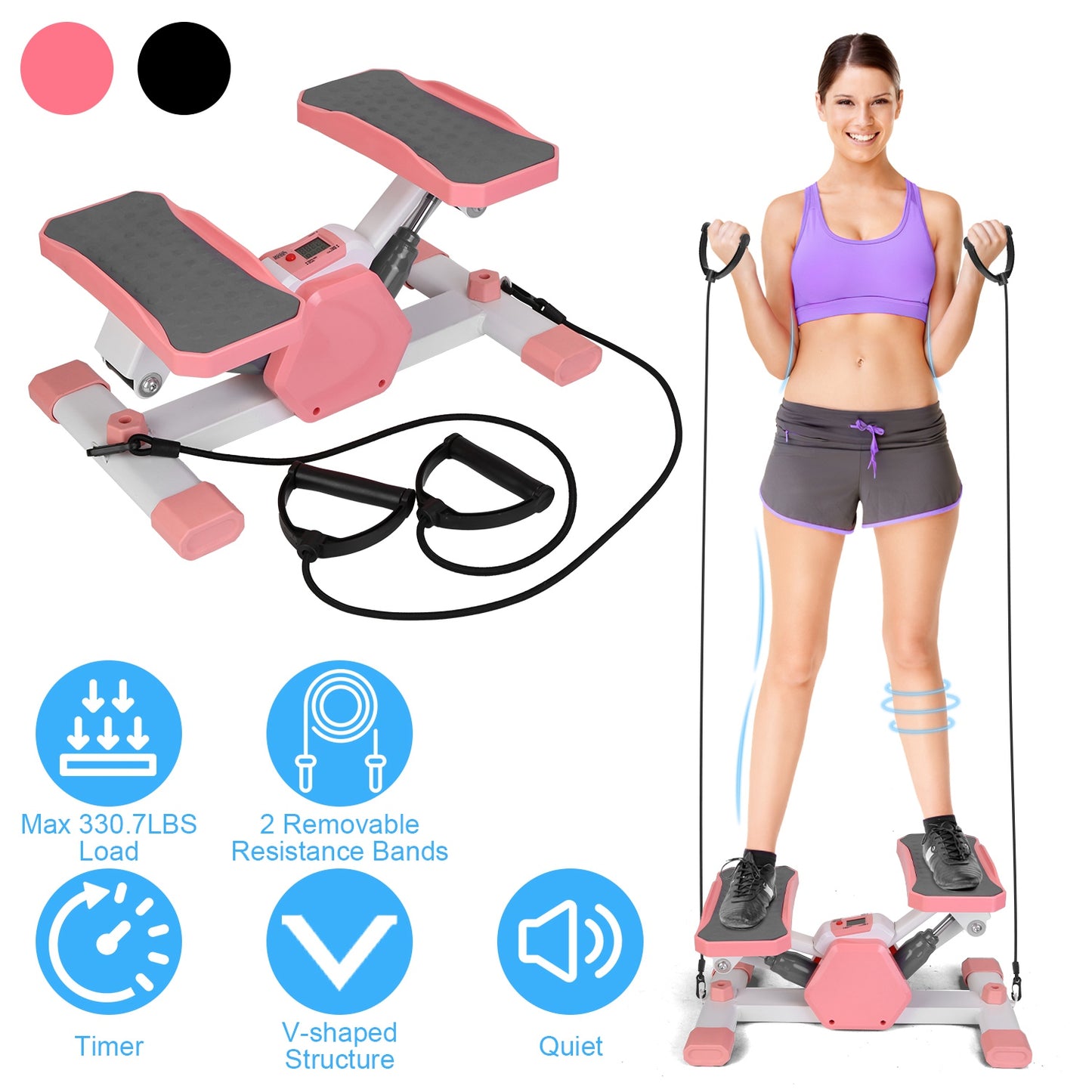 Mini Stepper Stair Stepper With Resistance Bands Quiet Workout Stepper with Digital Timer Max 330.7LBS Load for Home