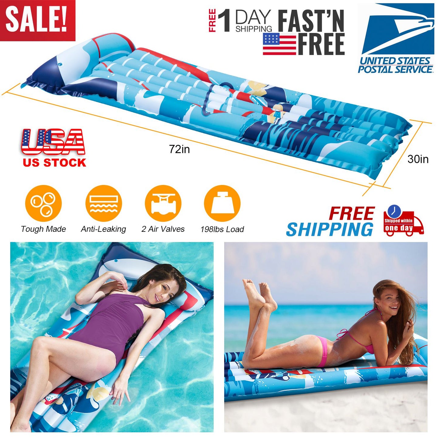 72" Inflatable Pool Float Raft Float Lounge Swimming Pool Mat with Pillow Air Mat Mattress for Adults & Kids