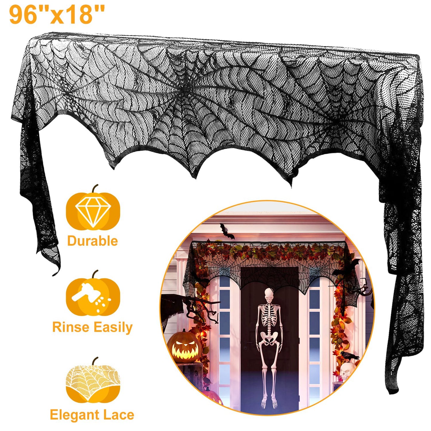 Spiderweb Mantle Scarf – 96x18" Black Lace Fireplace Cover for Halloween Decor