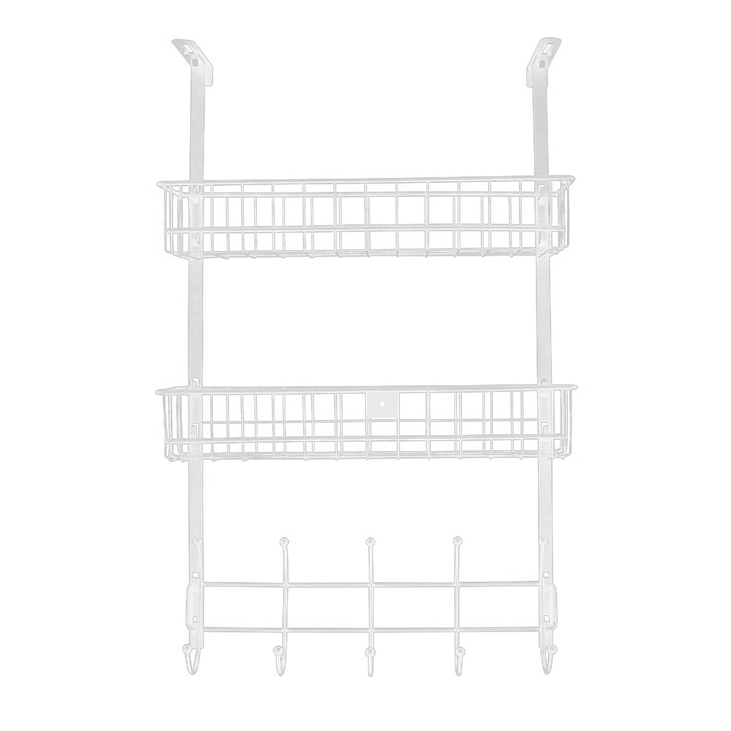 Over The Door Hooks Organizer Door Towel Rack Hanger 5 Hooks with 2 Metal Baskets for Bathroom Bedroom Kitchen Storage Shelf