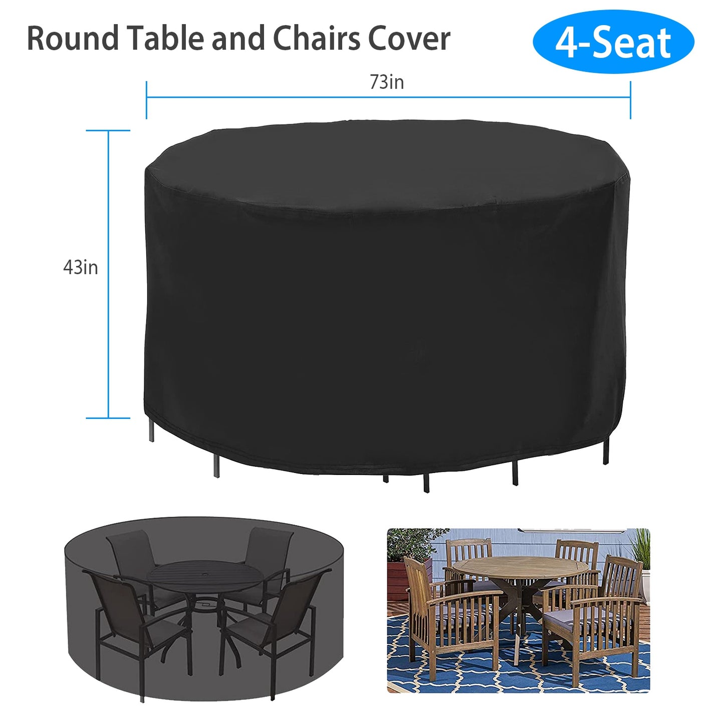 73x43in Circular Table Cover 4-Seat UV Water Resistant Outdoor Furniture Protector For Small Round Table Chairs Set