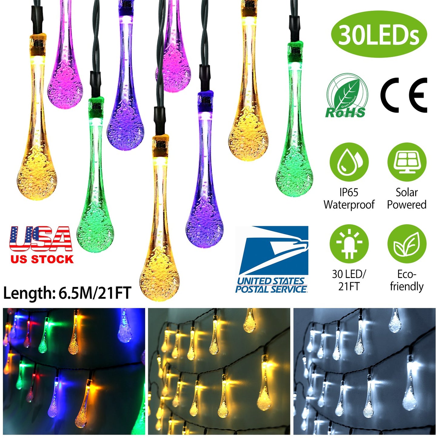 Outdoor Solar String Lights 21 Feet 30 LEDs Water Drop Solar Powered Lights Waterproof Solar Fairy Lights Decorative Solar Powered Lights for Home Pat