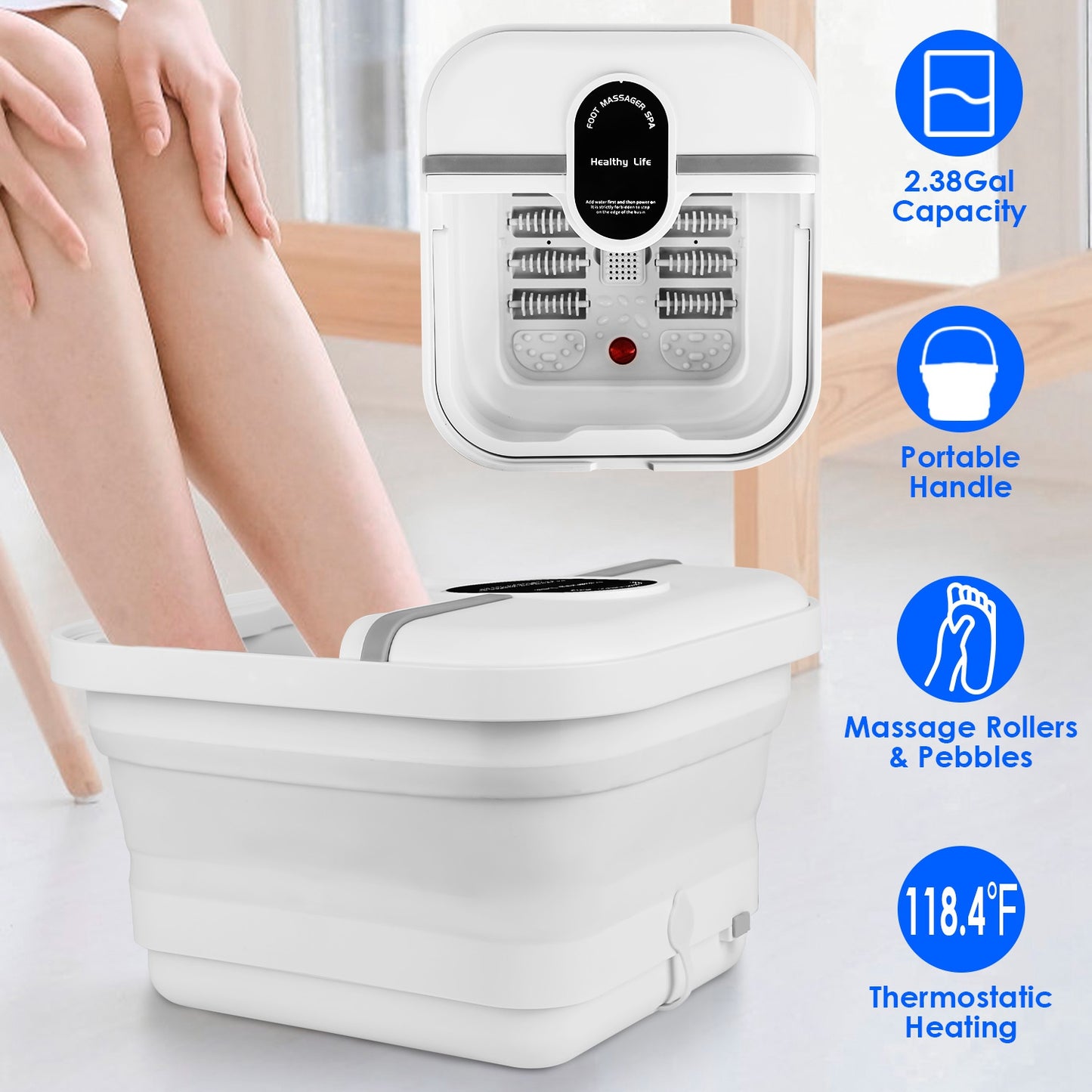 Collapsible Foot Spa Massager Electric Foot Soaker Tub Foldable Foot Spa Tub with Heating Function Handle 8Pcs Massage Rollers 44Pcs Simulated Pebbles