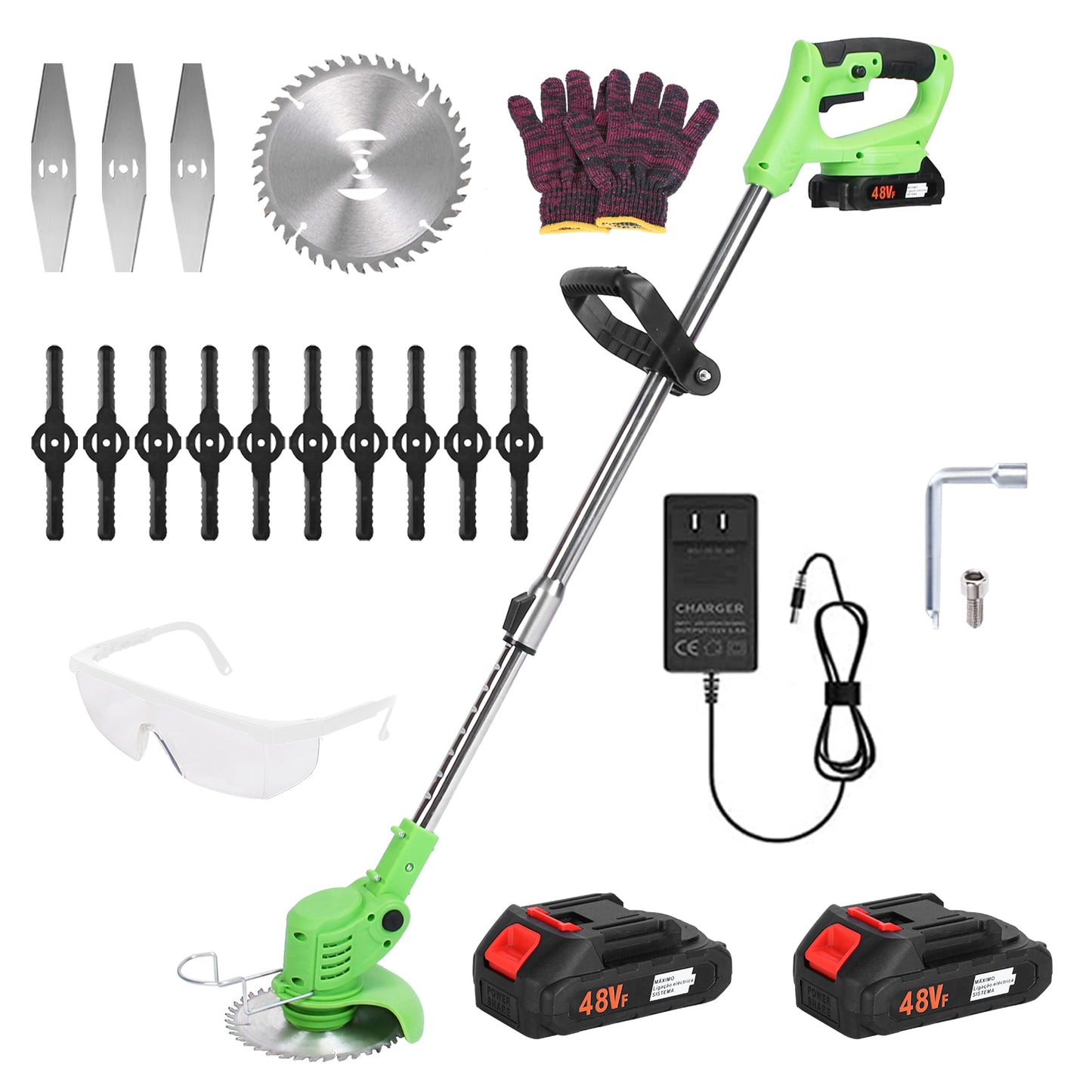 24V 300W Cordless Grass Trimmer Rechargeable Lawn Mower 18000M/Min Weed Cutter with Saw Blade 2 Stainless Steel Blades 10 Plastic Blades 2 Rechargeabl
