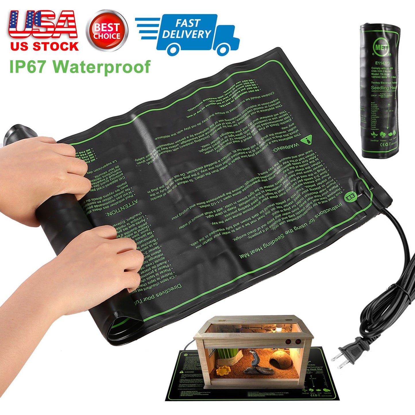 10" x 20" Seedling Heat Mat IP67 Waterproof Plant Warm Hydroponic Heating Pad 17.5W for Seed Germination Cloning Plant Propagation