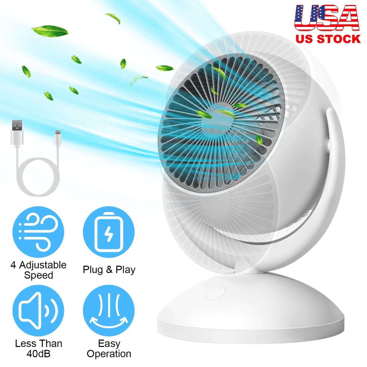 Air Circulator Desk Fan Portable Desktop Rechargeable Oscillating Fan with 4 Speeds 360 Degree Tilt Head Automatic Rotation Quiet 40dB Table Fan for H