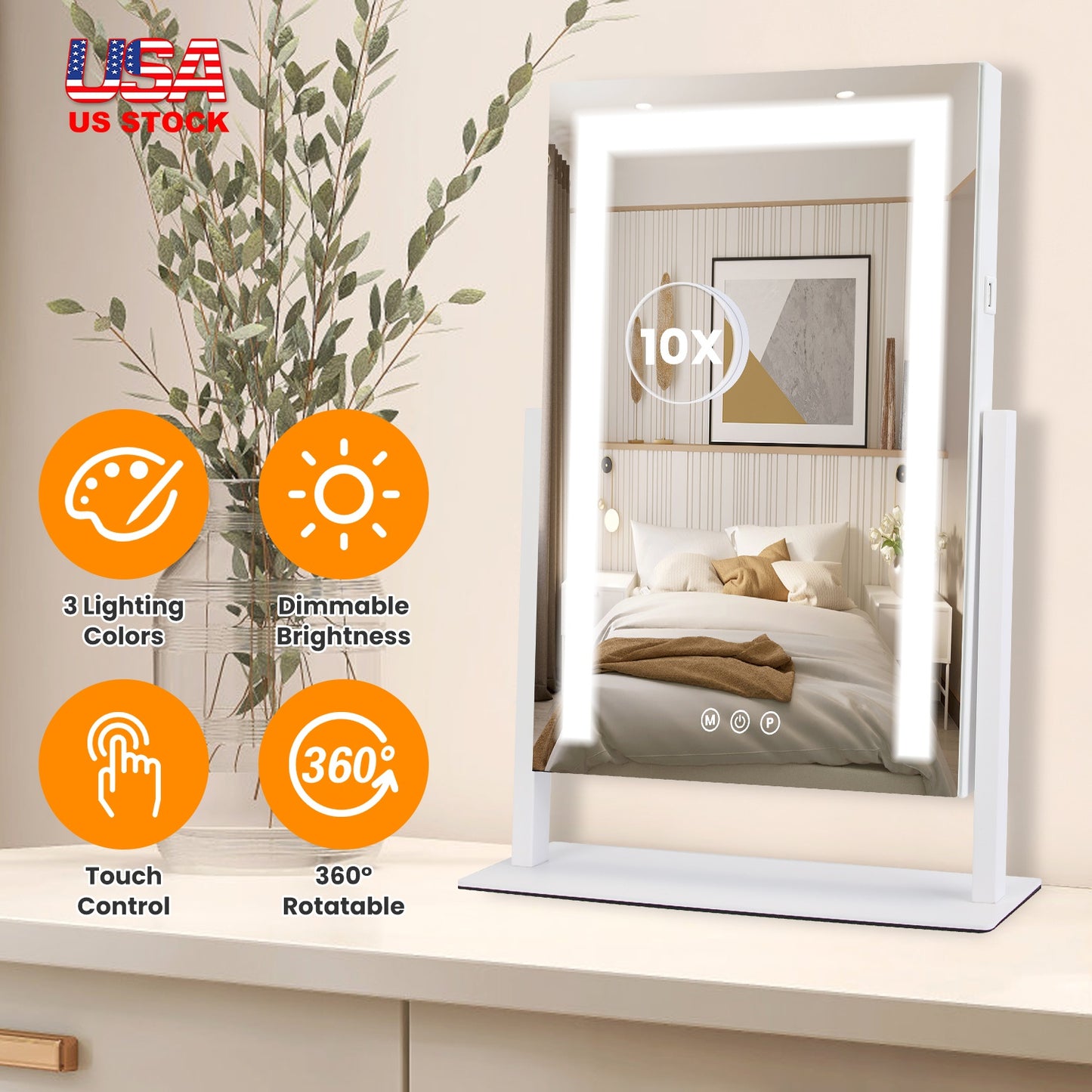 Vanity Mirror with Light 3 Lighting Colors Dimmable Brightness Smart Touch Control 10X Magnifying Mirror 360¡Rotation LED Lighted Makeup Mirror for De