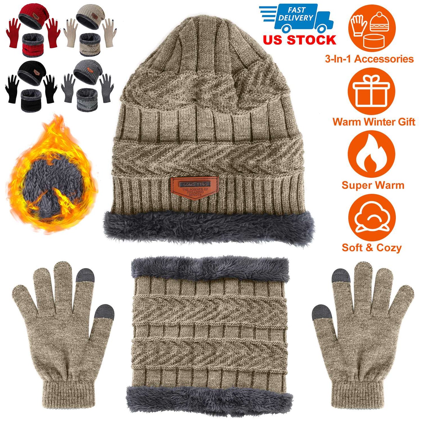 Winter Knitted Hat Scarf Gloves 3Pcs Winter Warm Beanie and Touch Screen Gloves Scarf Set Knit Beanie Skull Cap Neck Warmer Mittens for Men Women