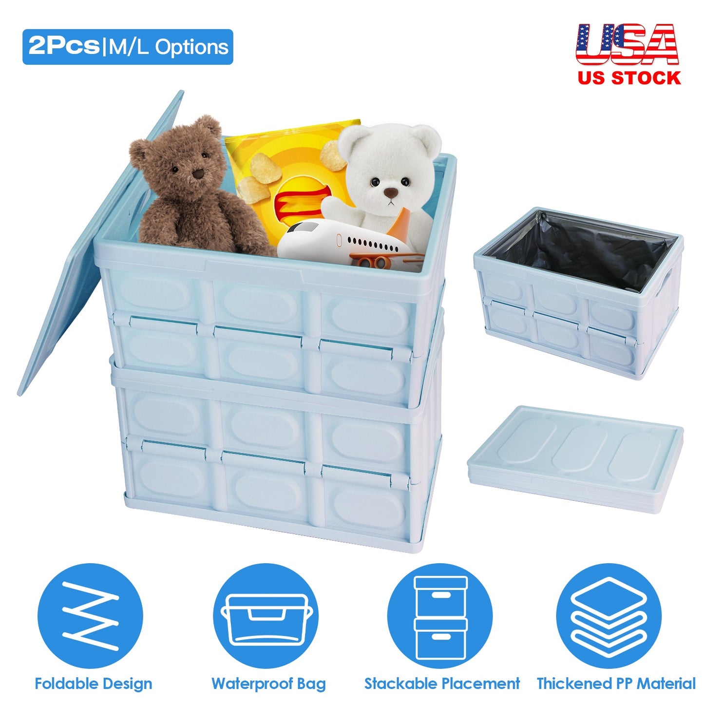 2Pcs 30L Collapsible Storage Bins With Dustproof Lid Waterproof Interior Bag Handle Stackable Storage Box Container Utility Organizer Crate For Campin