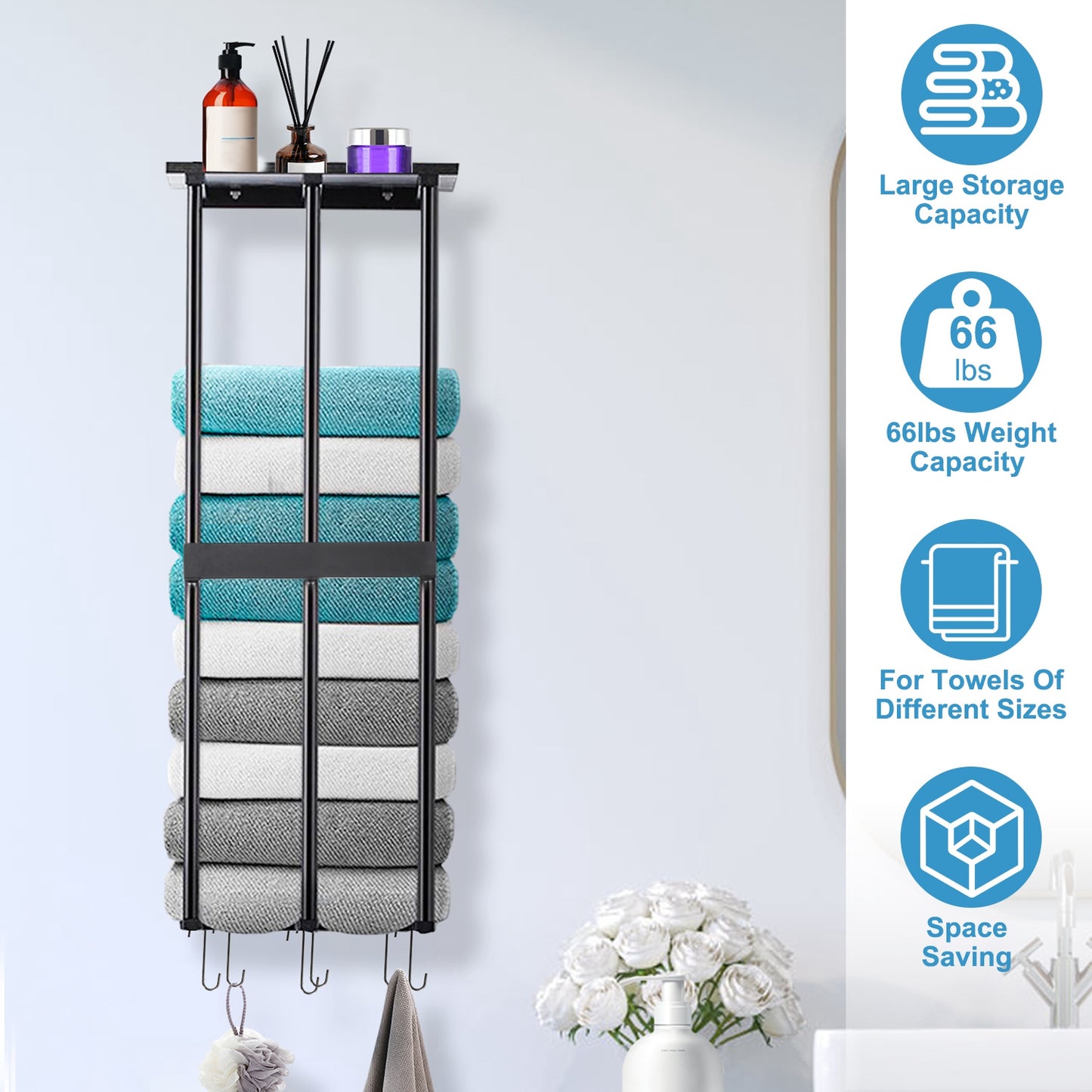 Wall Mounted Towel Rack for Rolled Towels Bathroom Towel Holder Organizer Storage Shelf for Bath Towels Hand Towels