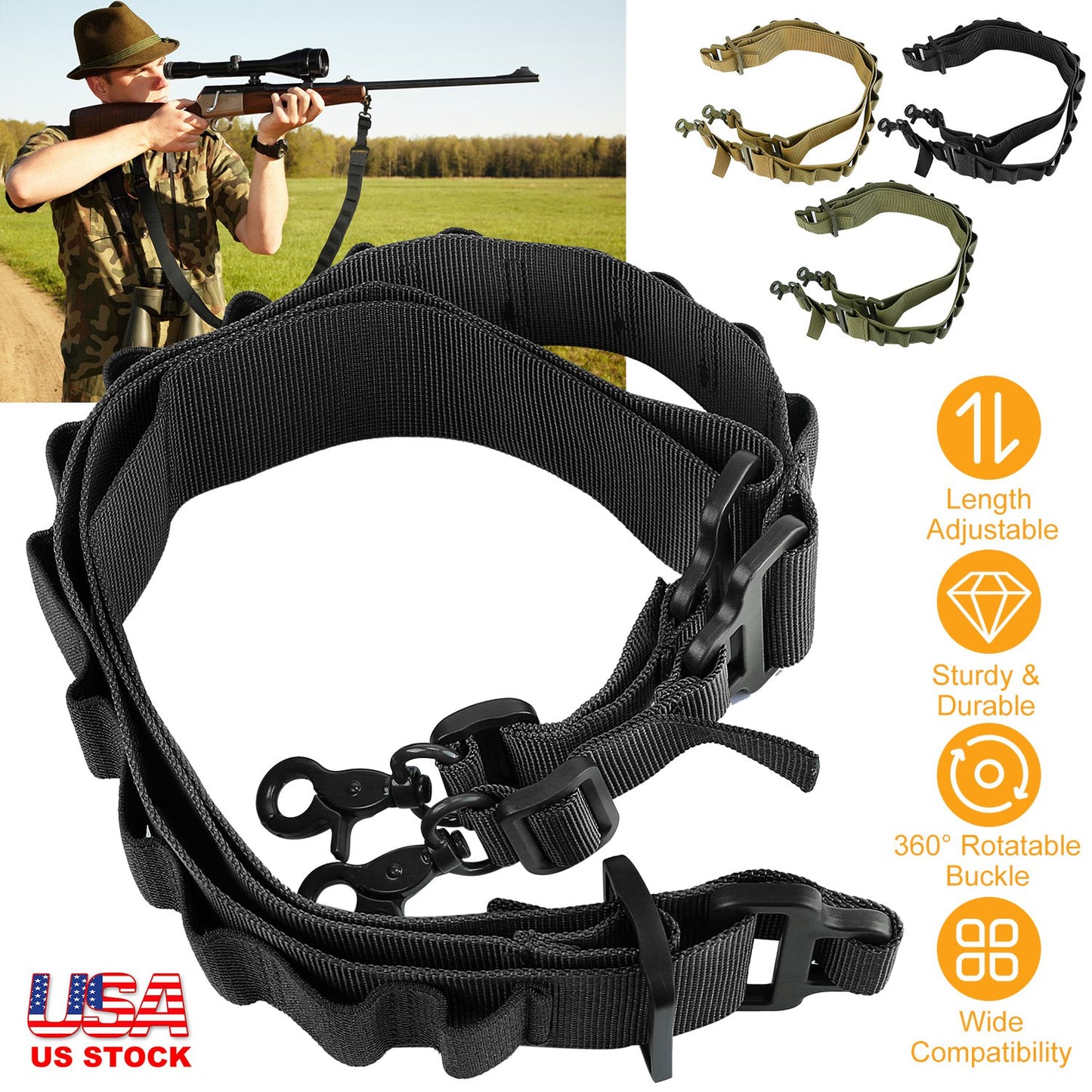 Tactical Shotgun Sling 2 Point Gun Sling Adjustable Shoulder Strap Rifle Shotgun Belts w/ 15-Shell Holders