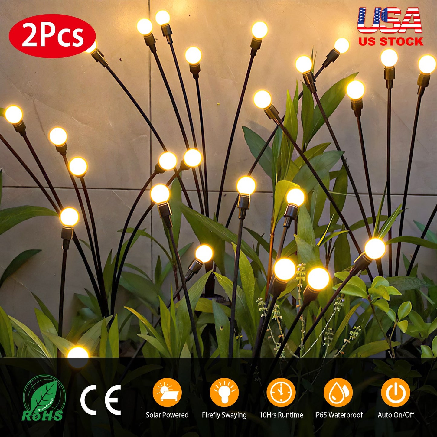 2Pcs Solar Firefly Lights Swaying Decorative Pathway Lamp IP65 Waterproof Landscape Patio Yard Night Light