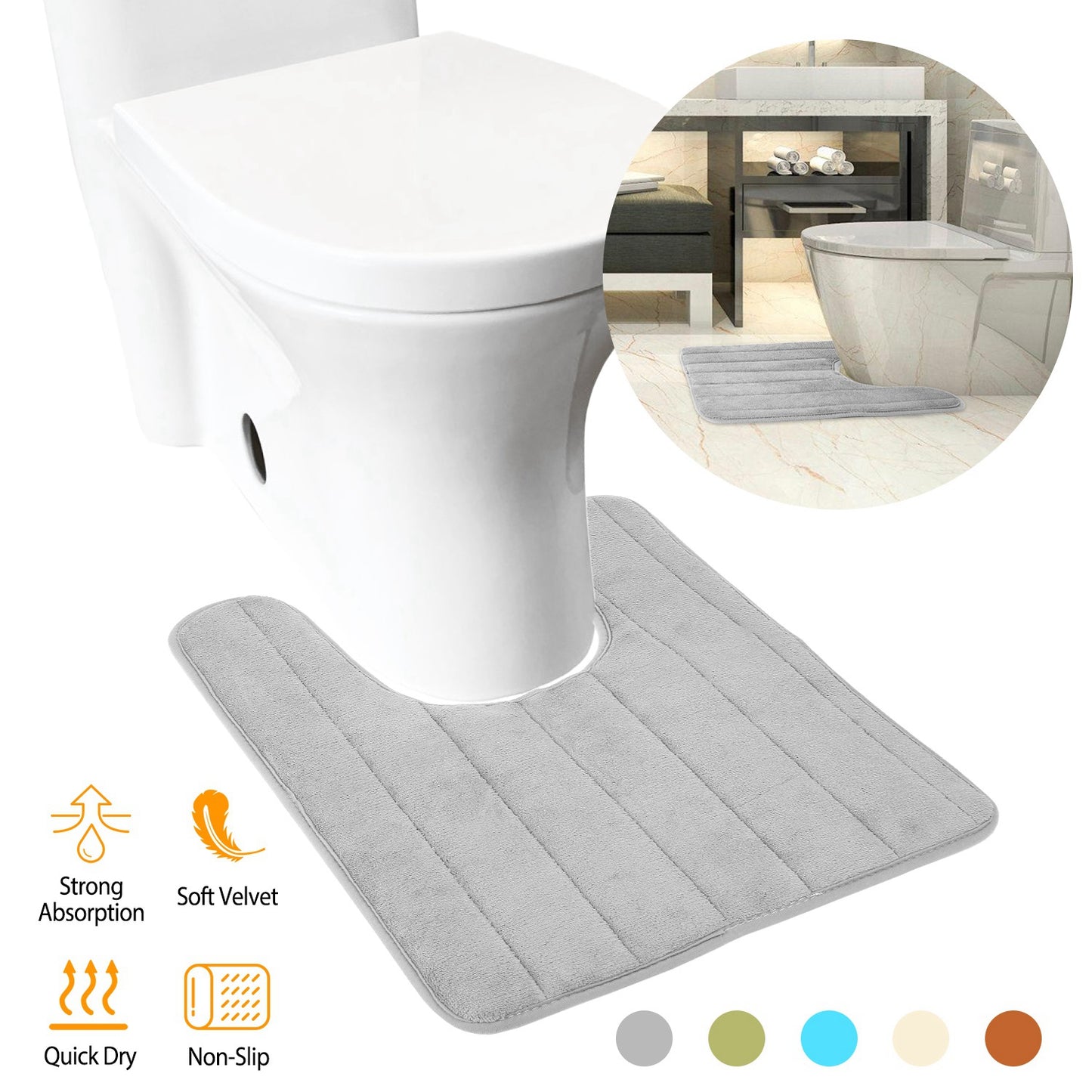 U Shaped Bathroom Rugs Contour Non-slip Toilet Mat Absorbent Cozy Velvet Floor Mat 23.62 x 19.69in
