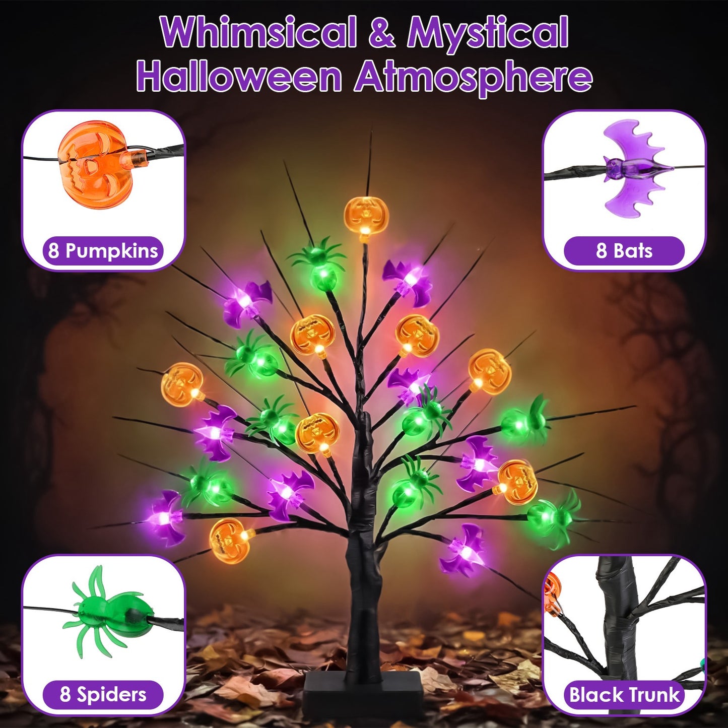 2Pack 1.97FT Lighted Halloween Trees Halloween Indoor Decorations Black Halloween Tree Lights with Timer Adjustable Twigs for Tabletop Party