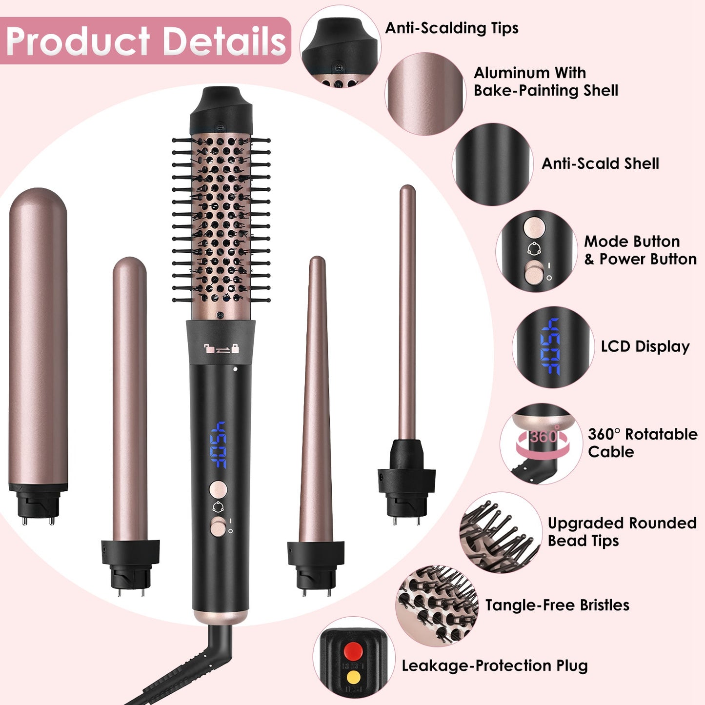 5 in 1 Curling Wand Hair Curling Iron Brush Hair Thermal Brush Curler with 4 Heating Levels 360¡ Rotatable Cable 5 Interchangeable Barrels 2 Clips Lea