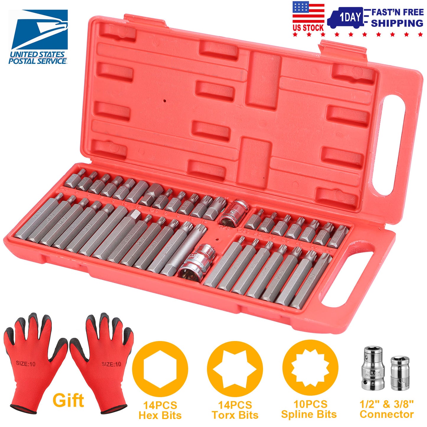 40Pcs Socket Bit Set Hex Torx Spine CRV Combination Bits w/ 3/8"1/2" Drive Free Gloves Case