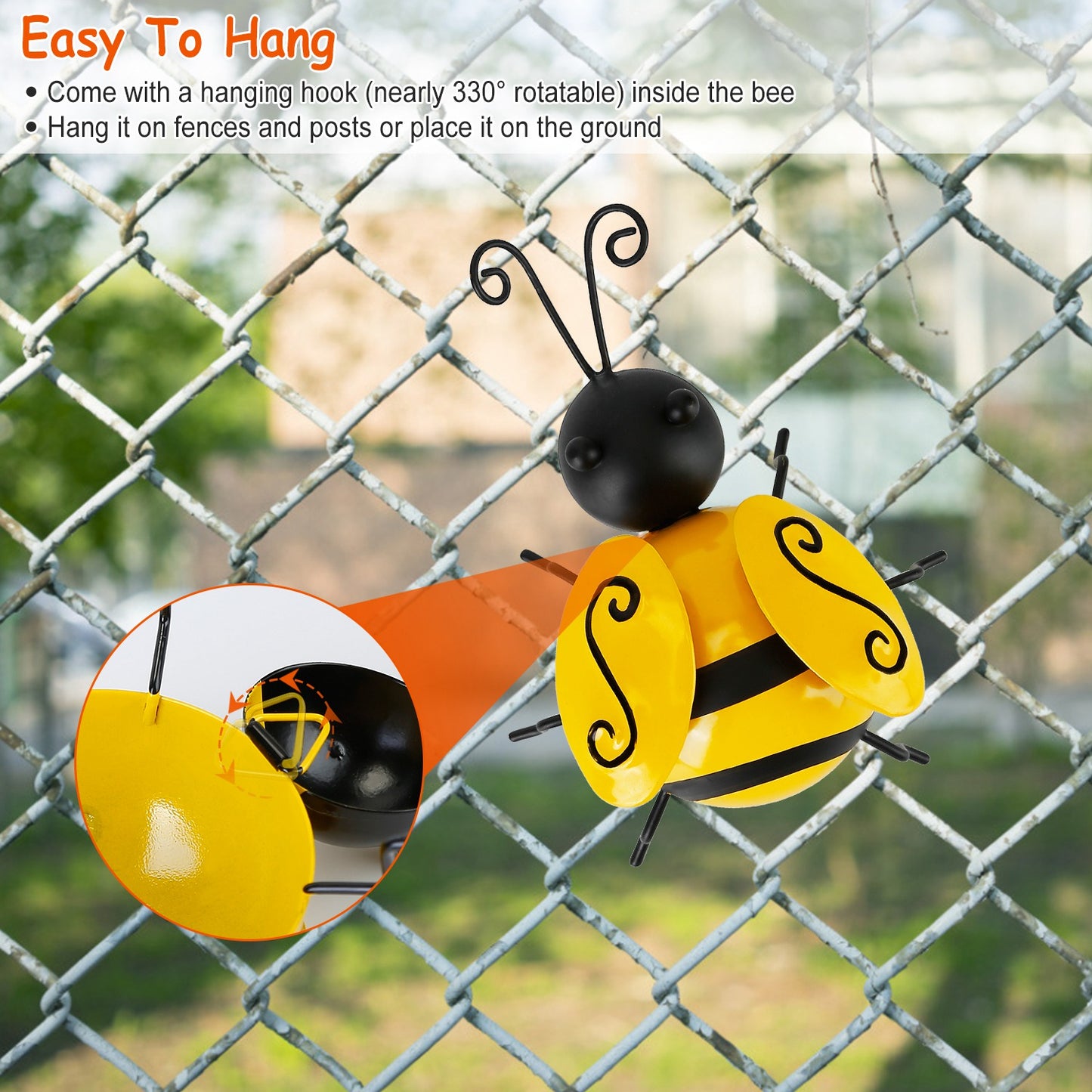 4Pcs Bumble Bee Set Ornament 3D Iron Hanging Bee Wall Decor Art Sculpture Statues Decorations For Fence Lawn Bar Living Room