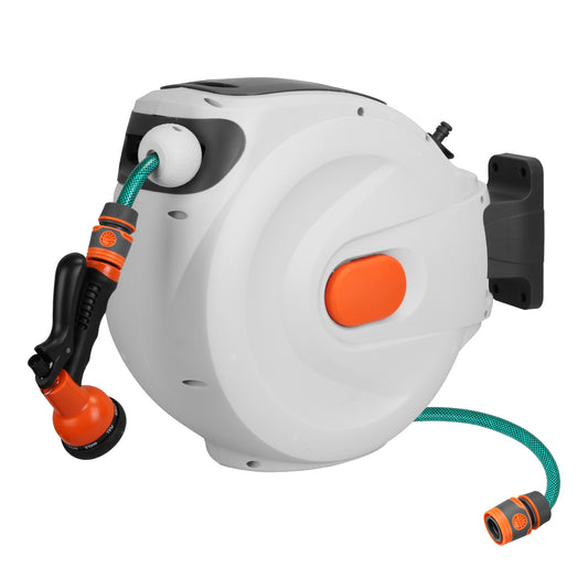 Retractable Garden Hose Reel Wall Mounted Automatic Water Hose Reel with Any Length Lock 8 Pattern Spraying Modes 180¡ Swivel Bracket