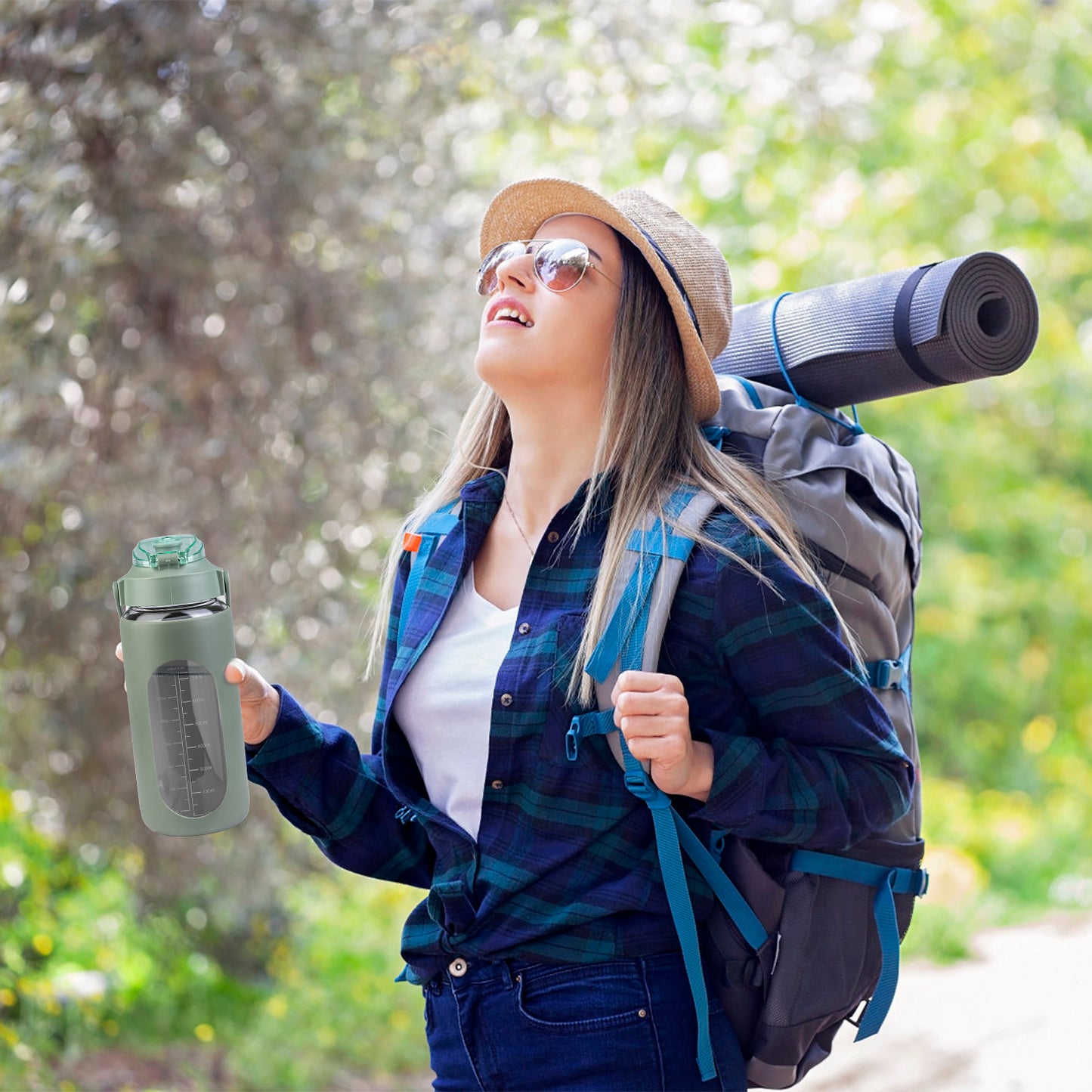 34Oz Glass Water Bottle Sports Water Bottle Motivational Water Bottle Water Intake Tracker Bottle with Straw Time Marker Silicone Sleeve Handle for Gy