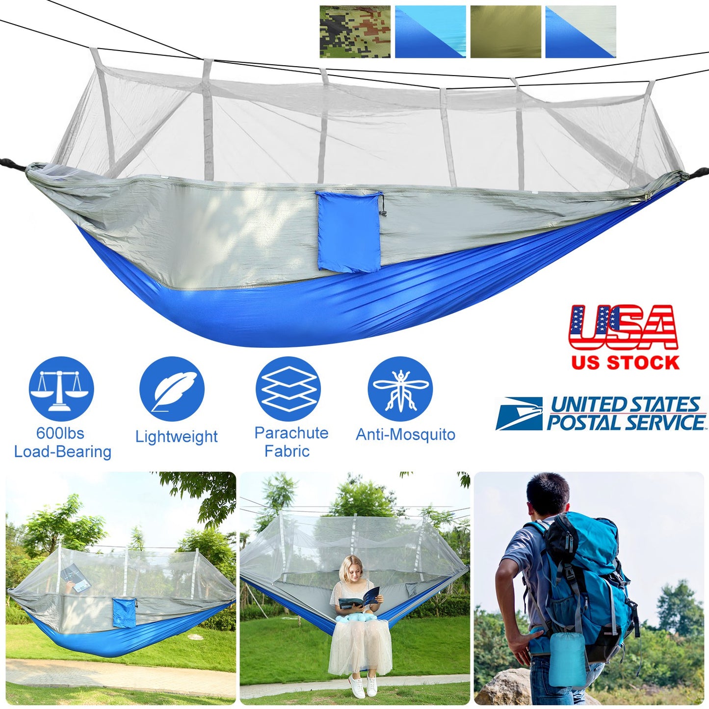 600lbs Load 2 Persons Hammock w/Mosquito Net Outdoor Hiking Camping Hommock Portable Nylon Swing Hanging Bed w/ Strap Hook Carry Bag
