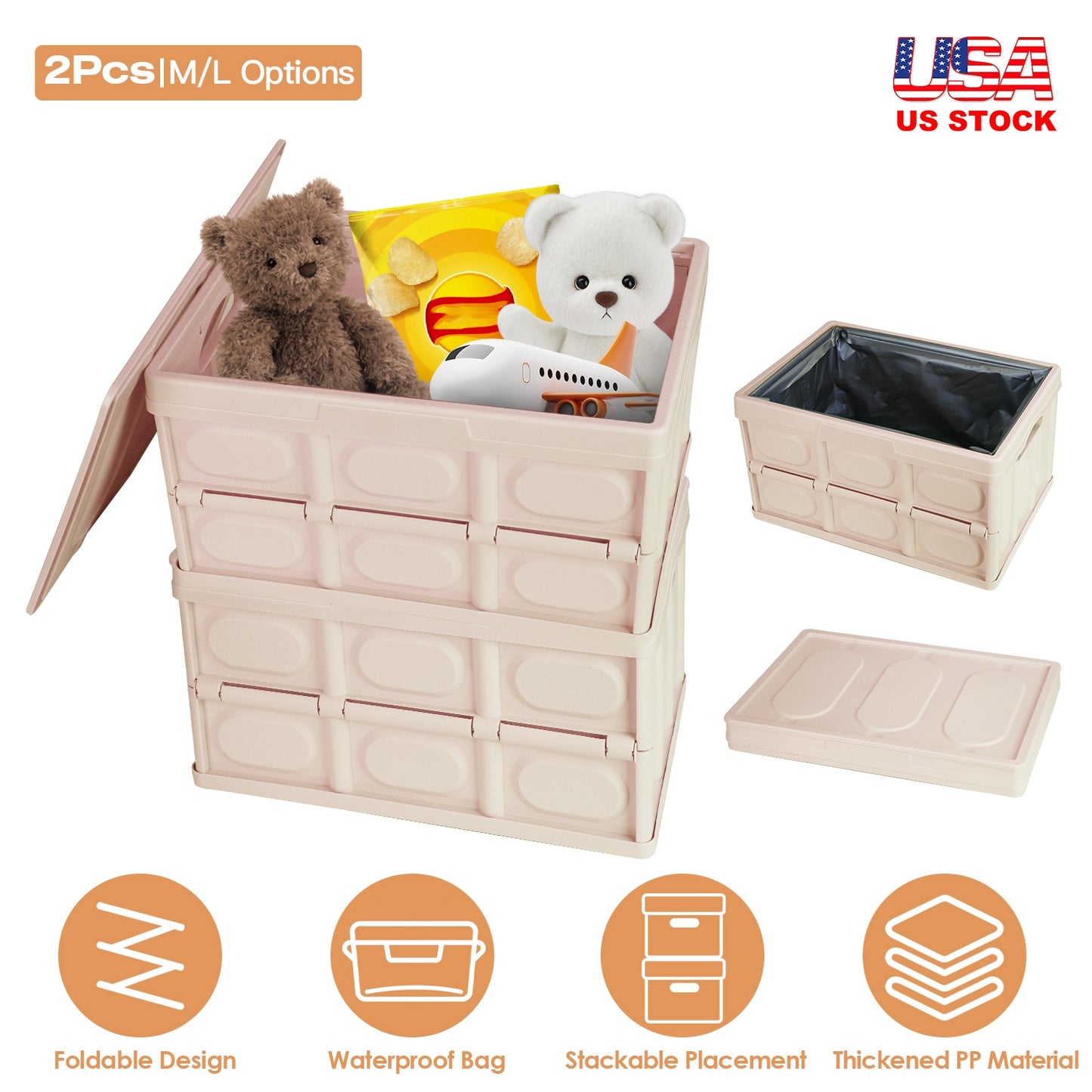 2Pcs 30L Collapsible Storage Bins With Dustproof Lid Waterproof Interior Bag Handle Stackable Storage Box Container Utility Organizer Crate For Campin