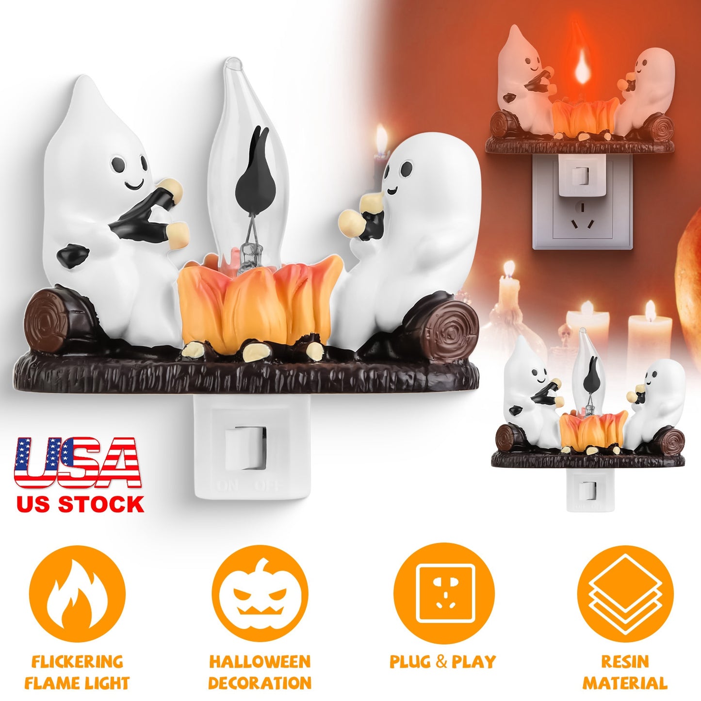 2Pcs Ghost Campfire Flickering Flame Night Light Indoor 3D Funny Halloween Nightlight Decoration Bedroom Night Light Halloween Decoration Gift For Fri
