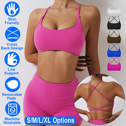 Women Cross Back Sport Bras Padded Strappy Crop Open Back Low Impact Bras Sexy Fitness Tank Tops with Removable Pads Thin Straps for Gym Yoga Workout