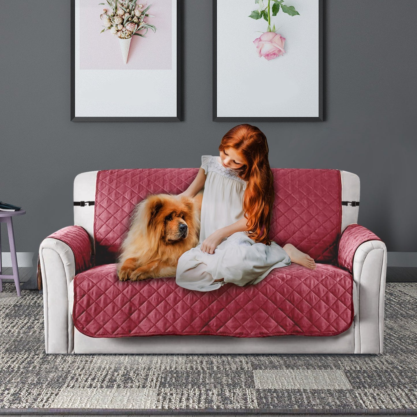 Reversible Sofa Cover Chair Loveseat Couch Slipcover Microfiber Cushion Furniture Protector Shield Water-Resistant w/ Elastic Strap for Kids Pet Dog C