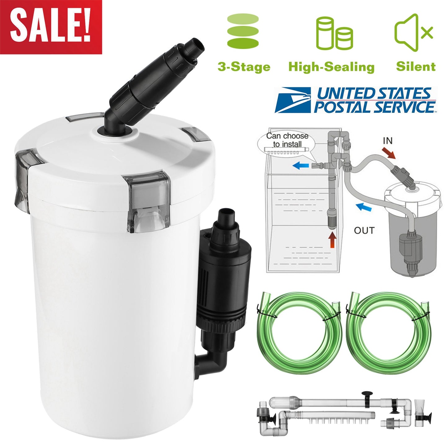 3-Stage External Canister Filter for 28 Gallon Aquarium Fish Tank 105gph 6W Easy Installation Silent