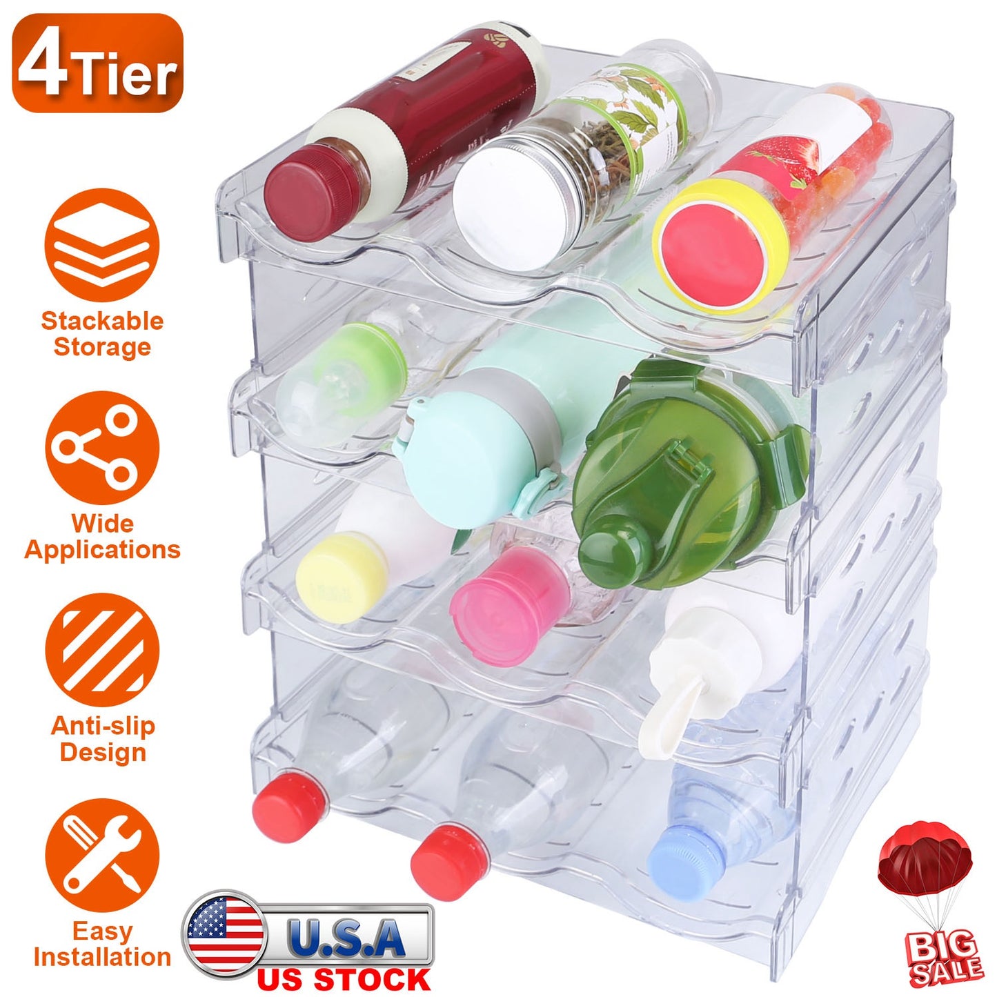 4 Tier Bottle Storage Holder 12 Bottles Transparent Stackable Bottle Organizer Standing Drink Holder Shelf for Kitchen Fridge Cabinet Pantry