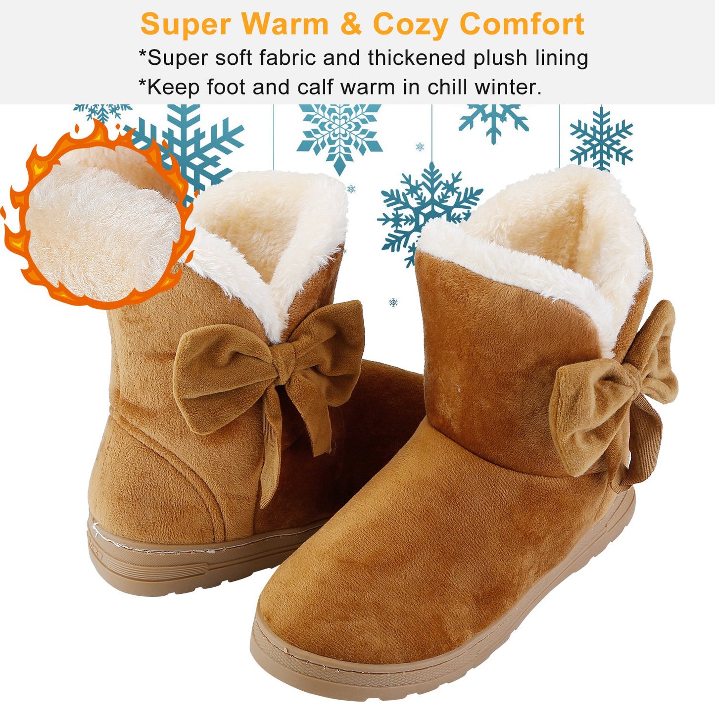 Women Ladies Snow Boots Super Soft Fabric Mid-Calf Winter Shoes Thickened Plush Warm Lining Shoes w/ Anti-slip Rubber Base Bowknot