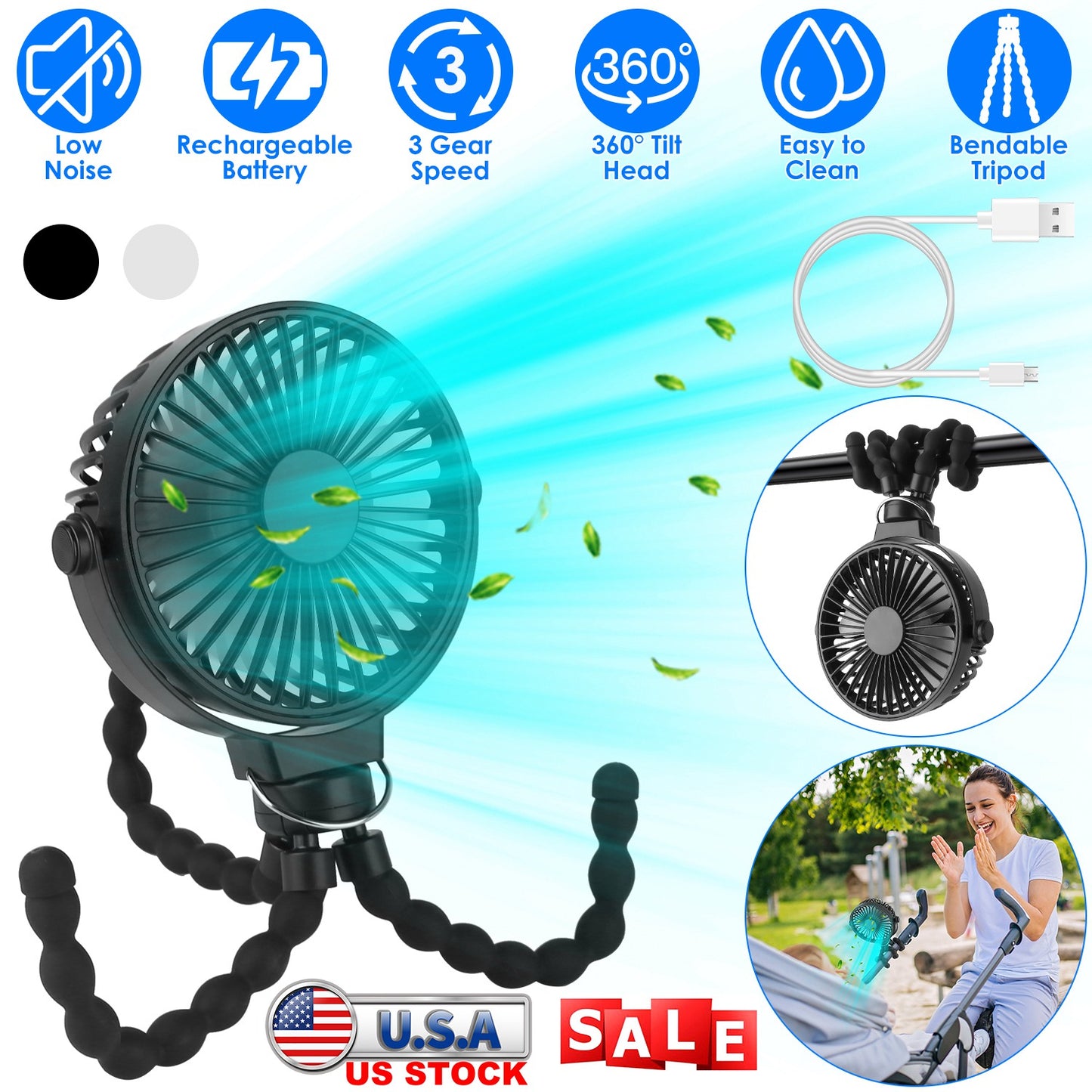 Portable Baby Stroller Fan Rechargeable Handheld Fan with Flexible Tripod Clip On Desktop Hanging Fan 3 Gear Speed 360¡ Tilt Head