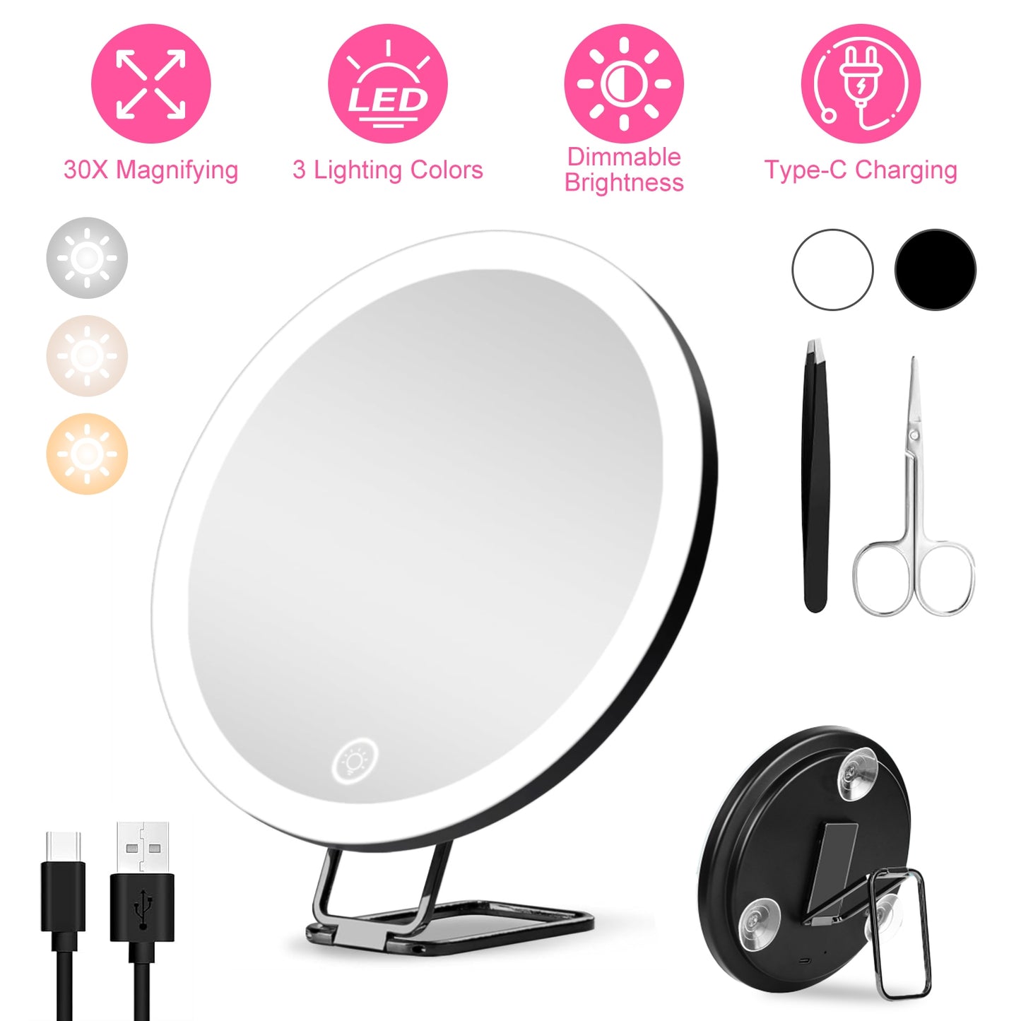 30X Magnifying Mirror With Light 3 Colors Dimmable Brightness Included Tweezer Scissor Travel Magnifying Makeup Mirror with Suction Cup 360¡ Adjusta