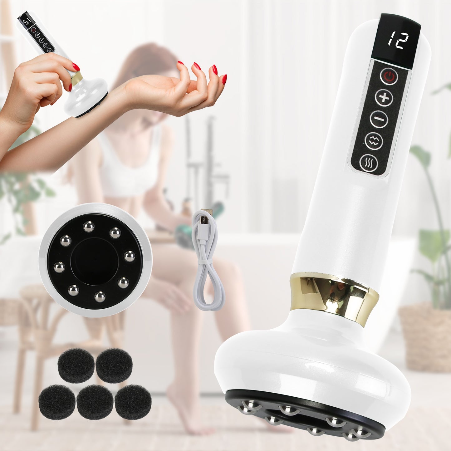 Anti Cellulite Massager Handheld Vacuum SuctionÊCupping Kit Beauty Tool with 12 Suction Mode 12 Heating 20Mins Auto-Off One-Key Pressure Release for A