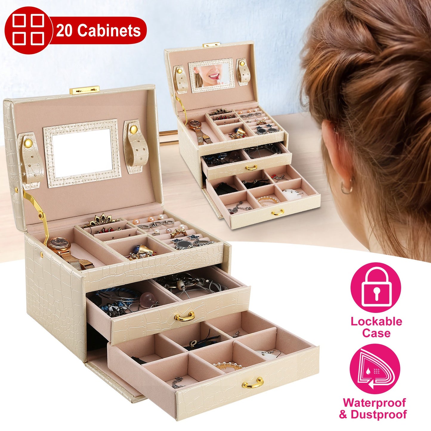 Jewelry Case Organizer 3-layer Lockable Travel Jewelry Box PU Leather Storage Display Case with Mirror Protective for Bracelets Earrings Rings Necklac