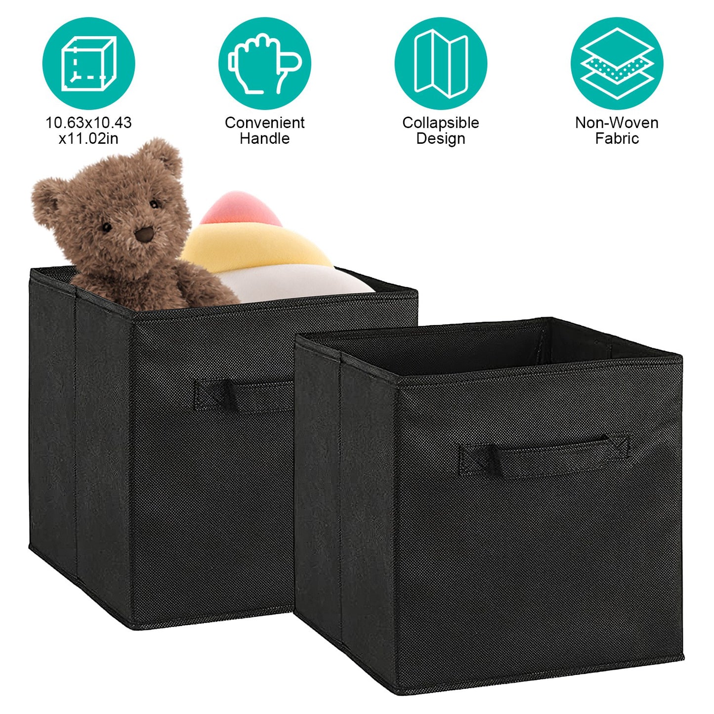 2 Sets Storage Bin Non-Woven Fabric Cube Organizer with Handle Foldable Cube Basket For Shelves Closet Living Room Bedroom Black
